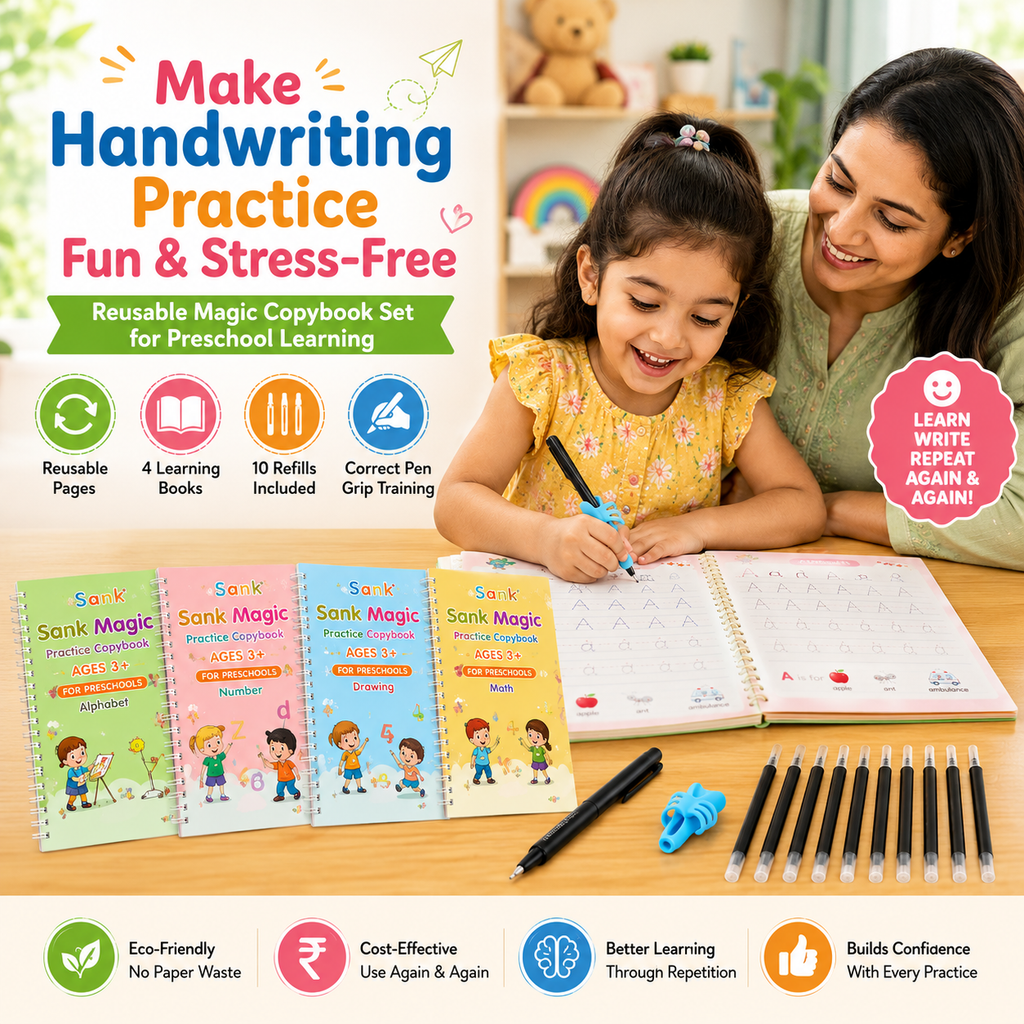 Magic Handwriting Workbook Set (4 Books + 10 Refills + 1 Pen Grip)