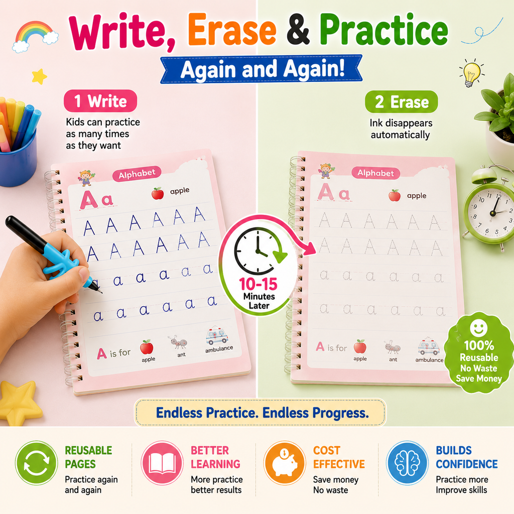Magic Handwriting Workbook Set (4 Books + 10 Refills + 1 Pen Grip)