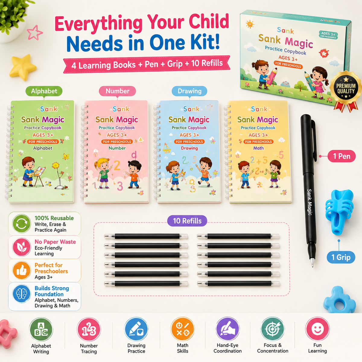 Magic Handwriting Workbook Set (4 Books + 10 Refills + 1 Pen Grip)