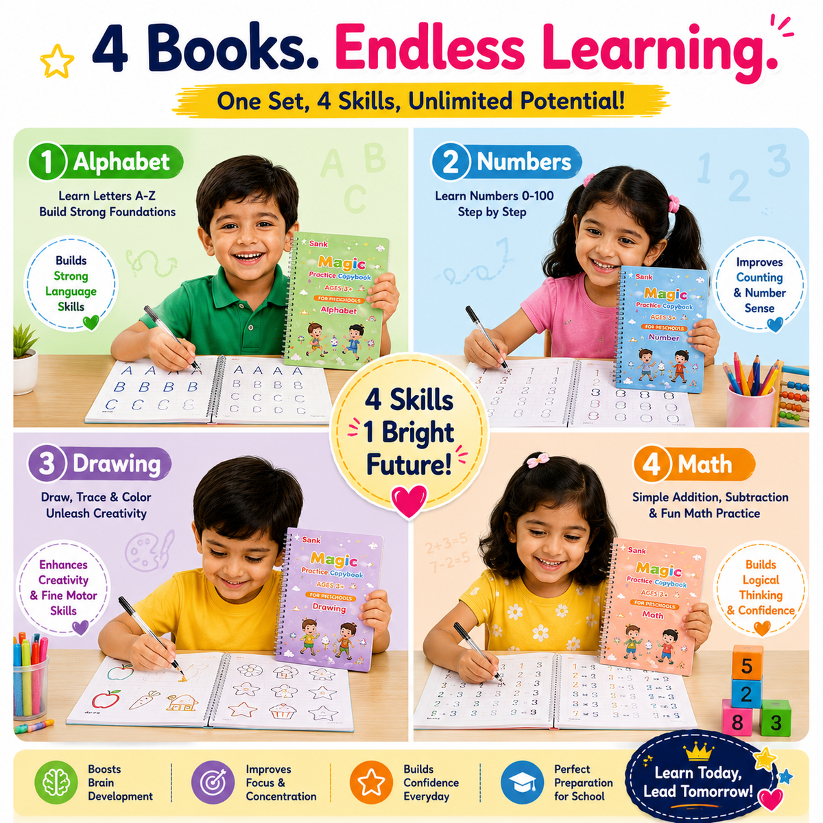 Magic Handwriting Workbook Set (4 Books + 10 Refills + 1 Pen Grip)